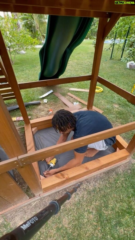 Melvin Gregg Instagram - A Quick lil Sandbox Build! There was a lot of unusable space under Marley’s Playset so I decided it would be better as a sandbox. I was able to repurpose the extra beams from Bobbie’s garden for the walls & I disassembled the bench to make a shelf for his sand toys.