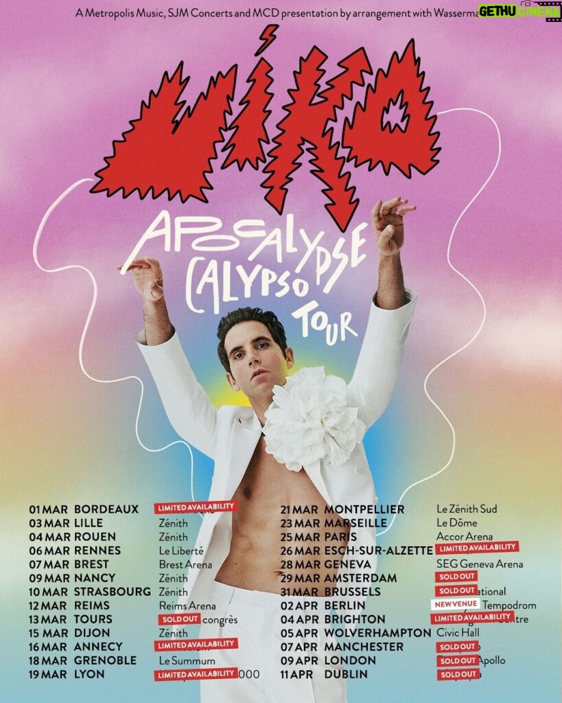Mika Instagram - APOCALYPSE CALYPSO TOUR UPDATE! Just 3 months until we kick off the Apocalypse Calypso Tour and many dates are now either limited availability or sold out. I wanted to say a huge thank you to everyone who has purchased tickets so far 🩷💚🩷💚 In Berlin we have also moved to a larger capacity venue! Tickets purchased for Huxleys remain valid for Tempodrum. Remaining tickets available via my official website! #ApocalypseCalypsoTour #tour #mikalive