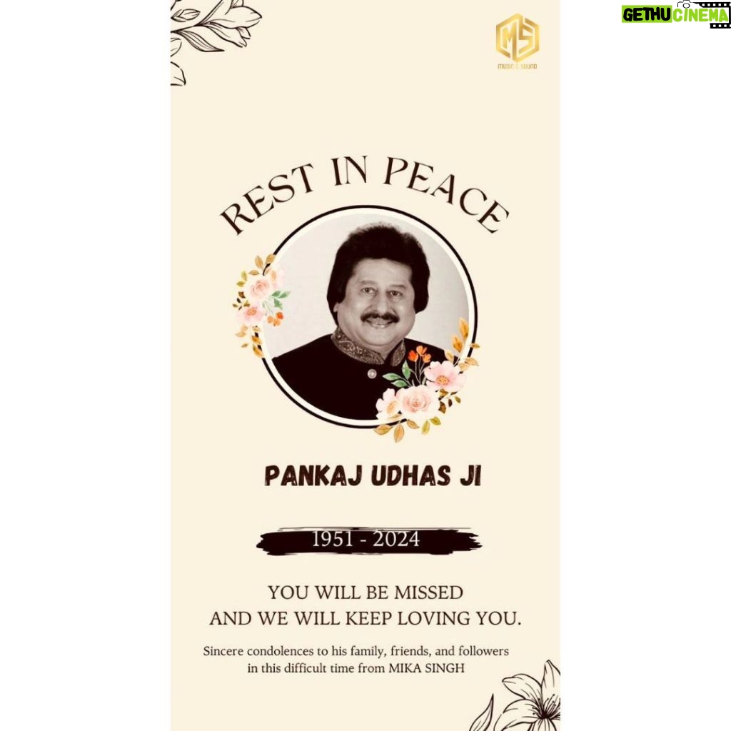 Mika Singh Instagram - Rest in peace, Pankaj Udhas Ji. 🙏