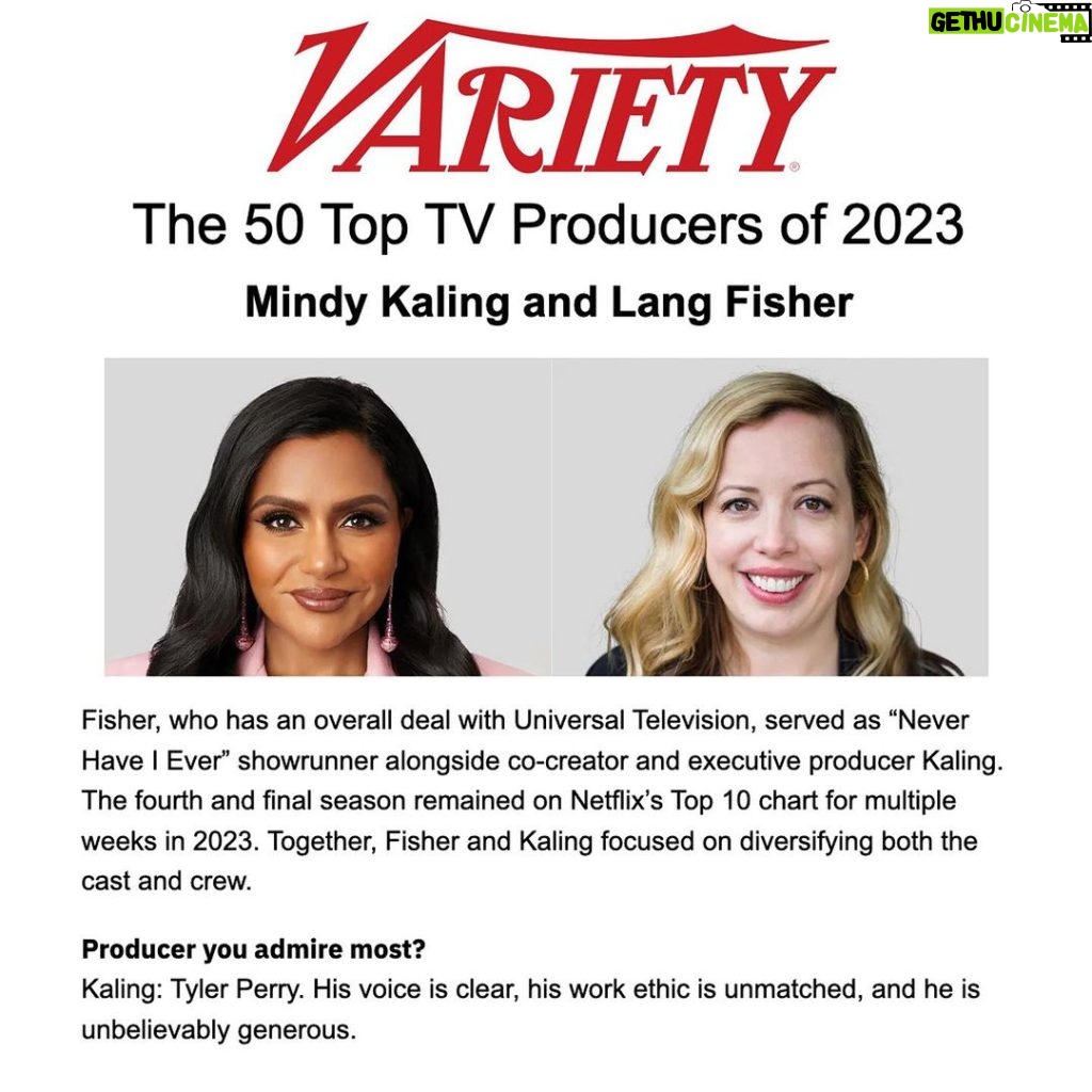 Mindy Kaling Instagram - Thanks @variety! Loved being included in Top 50 TV Producers with my crush @loulielang