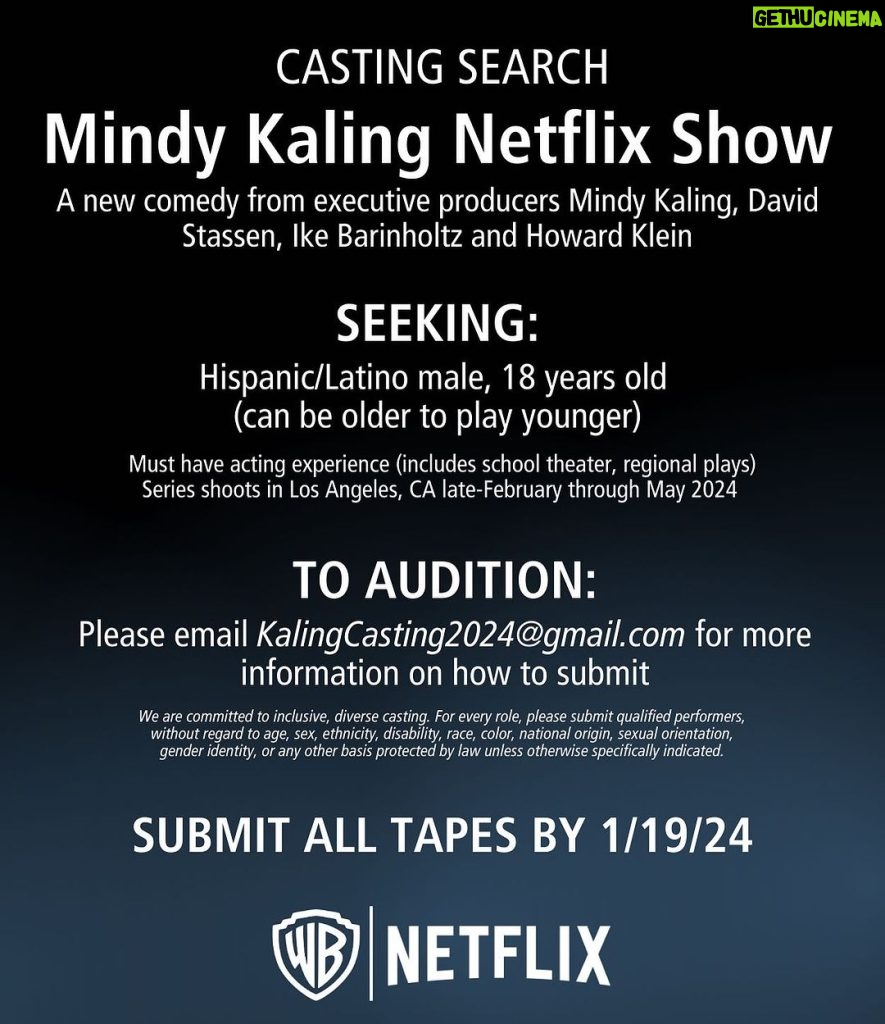 Mindy Kaling Instagram - I love open casting calls because it allows my company, @kalinginternational to give opportunities to talented actors who don’t have access to us. It’s how we met the incredible @maitreyiramakrishnan for @neverhaveiever. If you fit the criteria above, please reach out to the email listed. @ikebarinholtz @davidstassen and I have been waiting so long to make this announcement. We LOVE this role and we cannot WAIT to find the special person to play him. But it’s all happening very fast, and this won’t be around for long, so please spread the word! xoxoxo MK