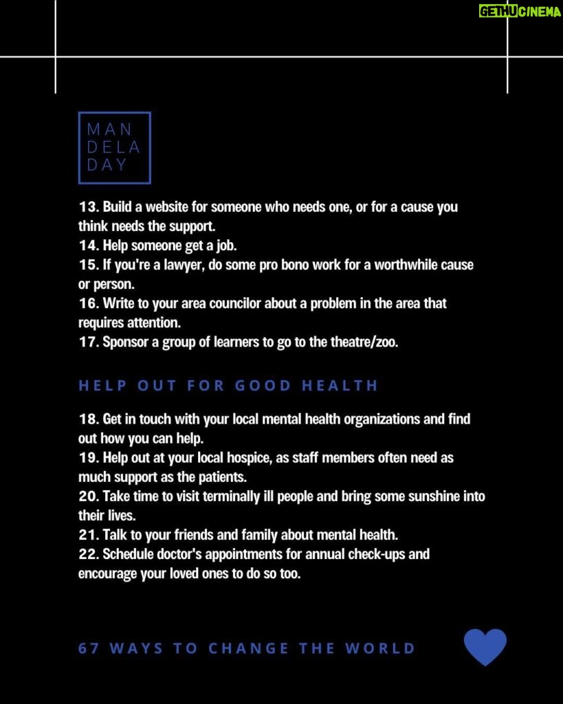 Morgan Freeman Instagram - “Do what you can, with what you have, where you are.” Today, celebrate Madiba’s birthday with service to your community. Swipe through for Madiba’s full list of 67 ways to change the world! #TakeAction #ActionAgainstPoverty #MandelaDay2022