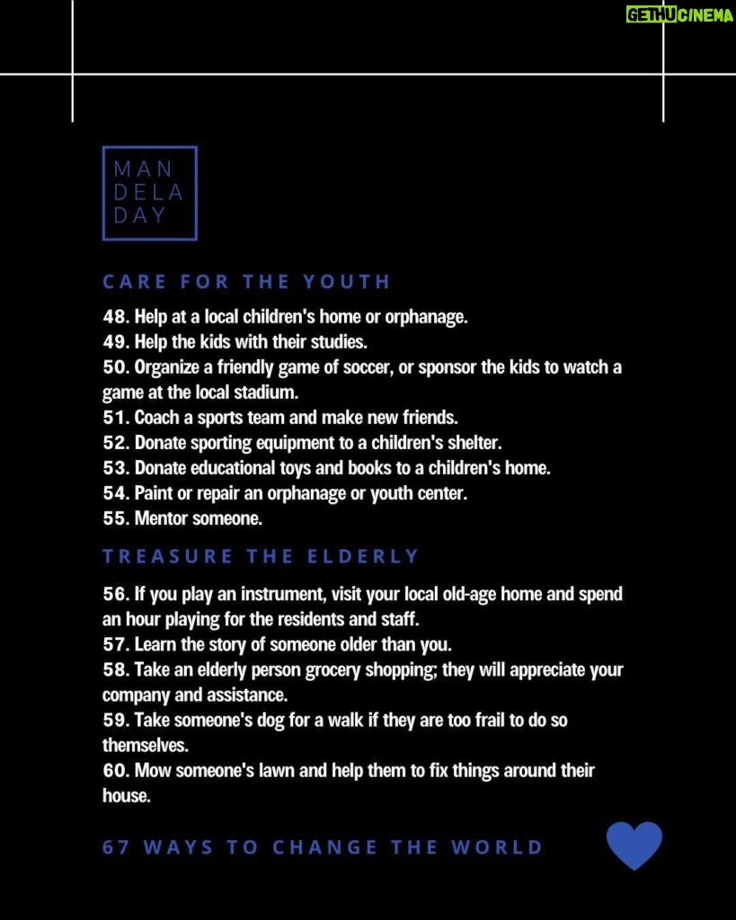 Morgan Freeman Instagram - “Do what you can, with what you have, where you are.” Today, celebrate Madiba’s birthday with service to your community. Swipe through for Madiba’s full list of 67 ways to change the world! #TakeAction #ActionAgainstPoverty #MandelaDay2022