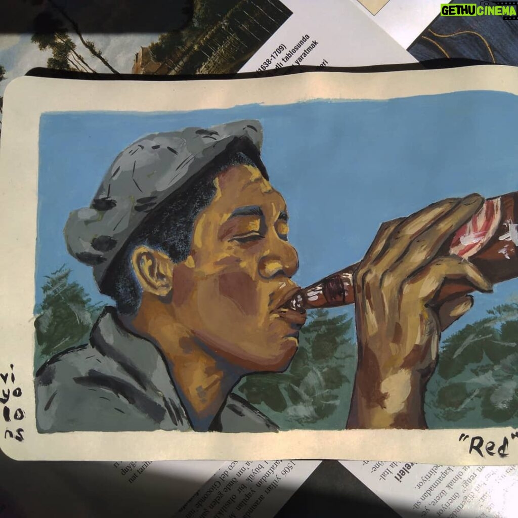 Morgan Freeman Instagram - @viyolons’ (IG) "Red" gouache painting - This is amazing work. "We sat and drank with the sun on our shoulders and felt like free men." #rp