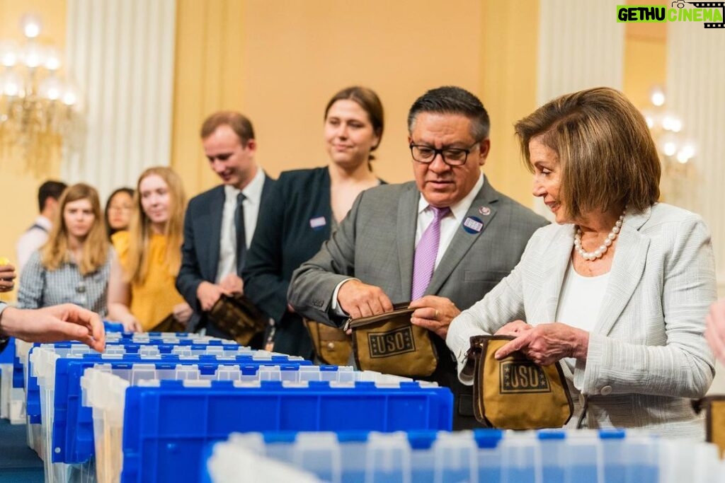 Nancy Pelosi Instagram - It was my privilege to join the USO in assembling care packages for servicemembers around the world to thank them for defending our freedoms. We salute USO for strengthening servicemembers connection to their families and loved ones back home, no matter where they serve.