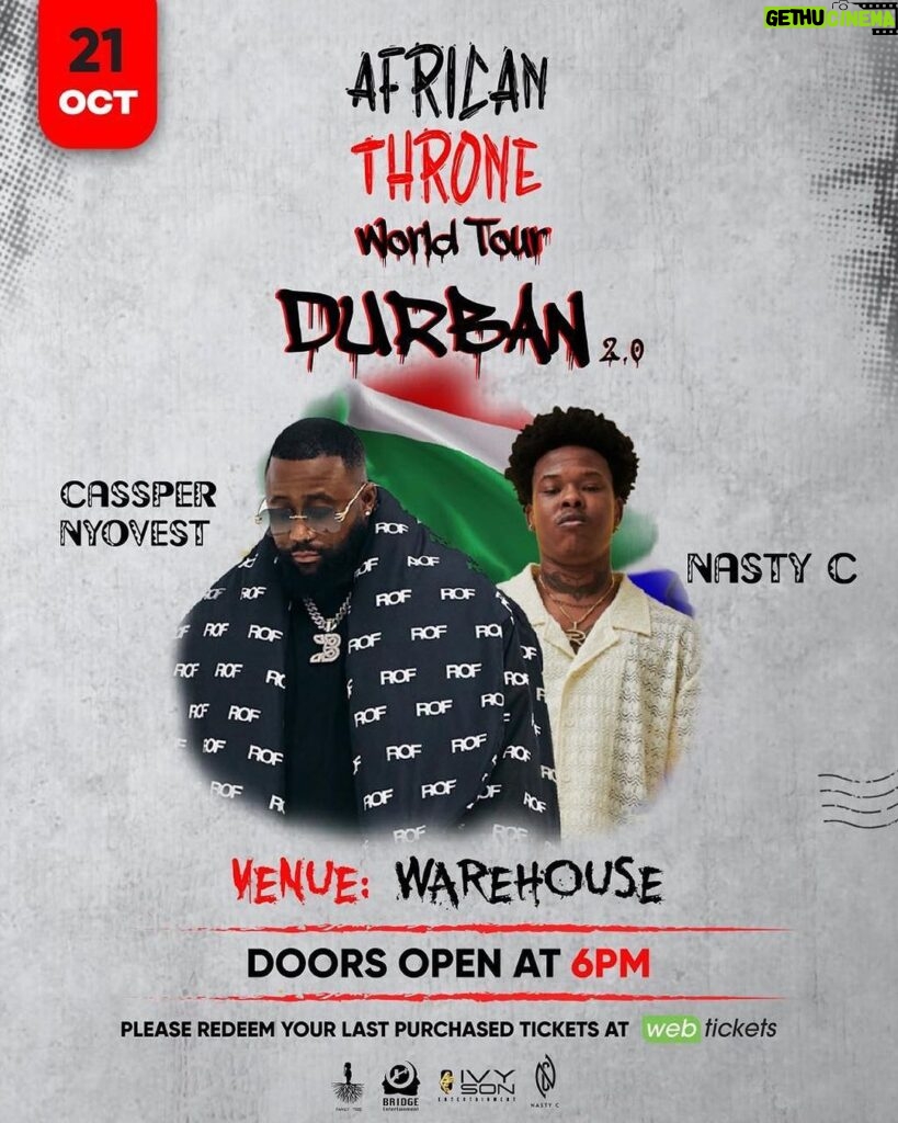 Nasty C Instagram - Durban! After having to cancel last saterday’s show because of the rain, we’ve made plans to make it up to you ❤‍🩹 21st Oct we make it right 🤞🏾