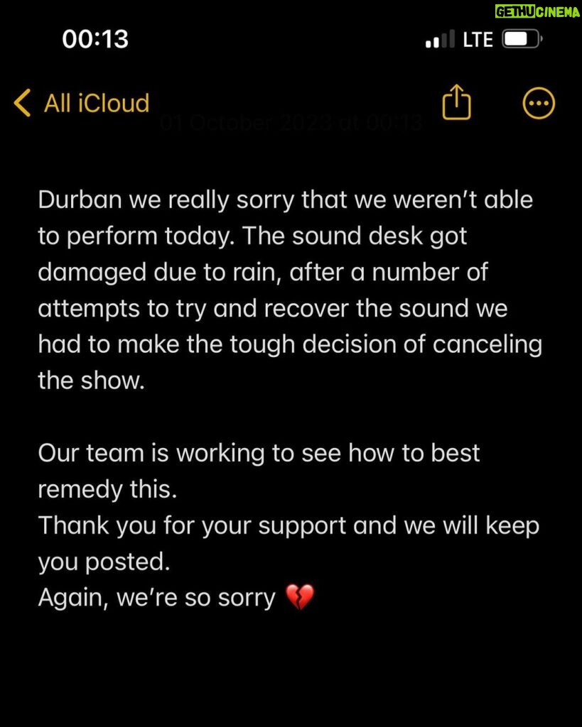 Nasty C Instagram - Durban we really sorry that we weren’t able to perform today. The sound desk got damaged due to rain, after a number of attempts to try and recover the sound we had to make the tough decision of canceling the show. Our team is working to see how to best remedy this. Thank you for your support and we will keep you posted. Again, we’re so sorry 💔