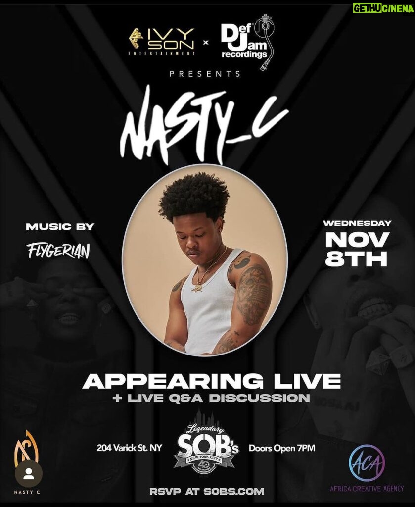Nasty C Instagram - If you’re in New York & you fw me, I’m having a free pop up show at @sobsnyc on the 8th!! PULL UP & TURN UP WITH ME!!! 🇿🇦🇿🇦