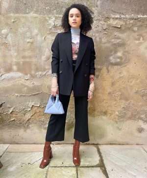 Nathalie Emmanuel Instagram - The fashun styling by @chercoulter for the @gotstudiotour opening!

Suit, top, bracelet and belt by @acnestudios
Boots @aldo_shoes
Bag @studioreco_ 
Earrings @mejuri
Ring @julychildjewellery