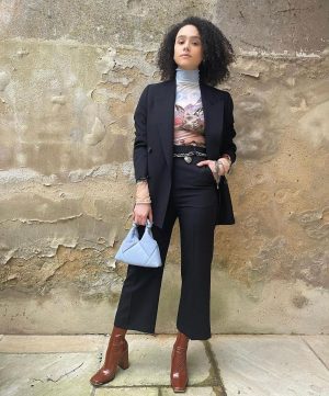 Nathalie Emmanuel Instagram - The fashun styling by @chercoulter for the @gotstudiotour opening!

Suit, top, bracelet and belt by @acnestudios
Boots @aldo_shoes
Bag @studioreco_ 
Earrings @mejuri
Ring @julychildjewellery