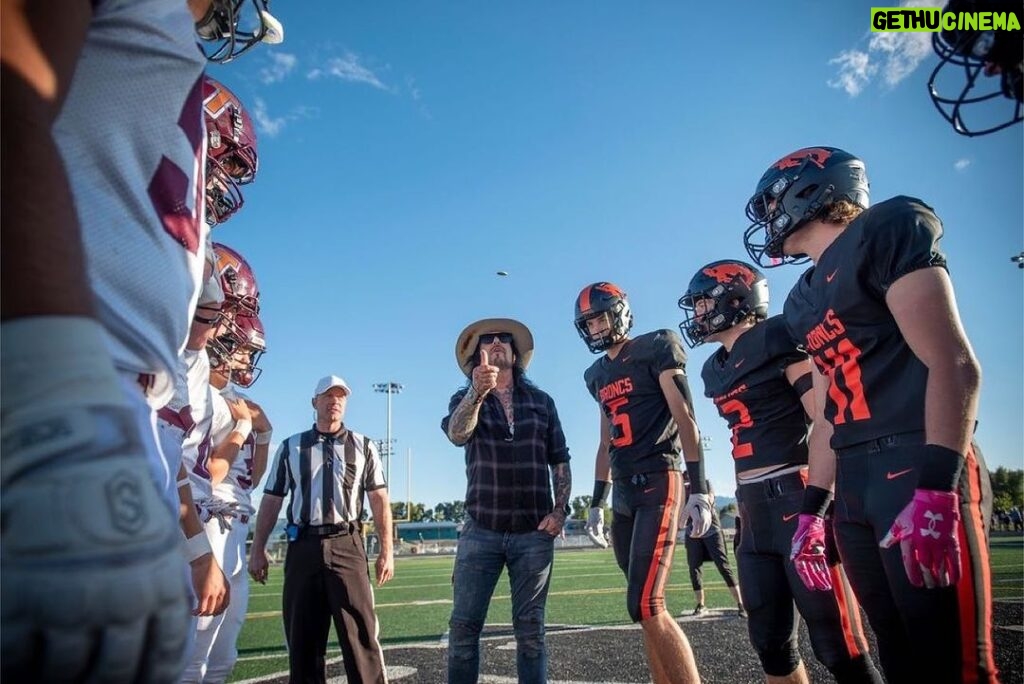 Nikki Sixx Instagram - Repost from @jhnewsandguide • Mötley Crüe bassist and Jackson Hole resident Nikki Sixx tosses a coin to determine who chooses to receive the ball first Friday during the Broncs’ season opener against the Teton Timberwolves at William T. McIntosh Stadium. On opposite sides of the mountain range, Jackson Hole and Teton high schools have developed quite a rivalry in football. Going into Friday’s annual Battle of the Tetons, the programs were 9-9 against each other in the past 18 meetings. But for a second straight year, the Timberwolves from Driggs and coach David Joyce cleaned up, winning 47-21 before a spirited crowd at William T. McIntosh Stadium in Jackson. The Broncs donned all-black uniforms, and Teton wore white jerseys and pants with maroon helmets. To match, Teton’s student section wore white, and Jackson’s “Black Hole” wore black. Most of the night was a contrast, and the game itself was no different. Tap the link in our bio to read more. Photo by @bradlyjboner / @jhnewsandguide #jhnews #jacksonhole #wyoming Jackson, Wyoming