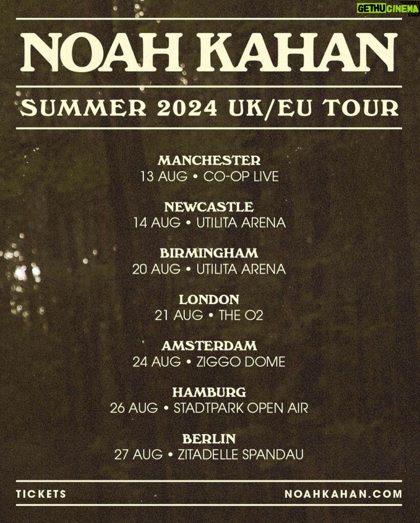 Noah Kahan Instagram - Bringing my band and my really really impressive British accent back to the UK and EU this summer! Presale tickets will be available Monday, December 11th at 9am GMT / 10am CET - sign up for your presale code on my laylo. All tickets will be on sale next Friday, December 15th at 9am GMT / 10am CET! See ya again soon.