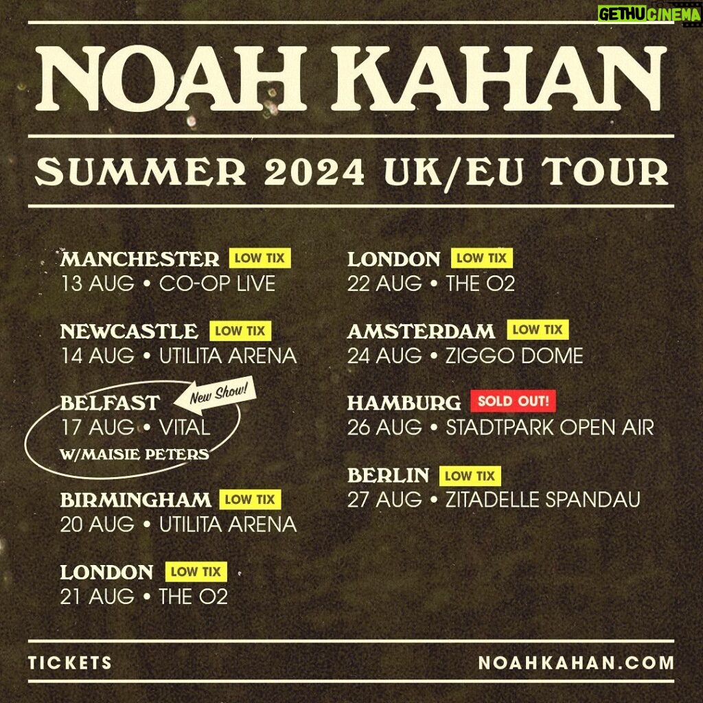 Noah Kahan Instagram - Excited to announce I’m playing in Belfast at @belfastvitalofficial with the amazing @maisiehpeters on August 17th. Tickets are on sale this Friday at 10am GMT, I can’t wait to be reunited with you all