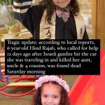 Nur Fazura Instagram - Tragic update: according to local reports, 6-year-old Hind Rajab, who called for help 12 days ago after Israeli gunfire hit the car she was traveling in and killed her aunt, uncle & 4 cousins, was found dead Saturday morning! RIP Hind ‼️ تحديث مأساوي: وفقًا لتقارير محلية، تم العثور على هند رجب البالغة من العمر 6 سنوات، والتي طلبت المساعدة قبل 12 يومًا بعد إطلاق نار إسرائيلي على السيارة التي كانت تستقلها وقتل عمتها وعمها وأربعة من أبناء عمومتها، ميتة صباح يوم السبت.