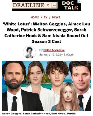 Patrick Schwarzenegger Instagram - WHITE LOTUS!!!!!!!!!! ARE YOU KIDDING ME?! 

So thankful to Mike White for believing in me!! Can’t wait to embark on this journey with you and the rest of this team. Forever grateful!

I watch this show every week with my family and every time we would watch they say “why can’t you audition for this show!!!”. So voila !

To HBO, David Bernad & Meredith Tucker for also giving me this opportunity 🙏❤️