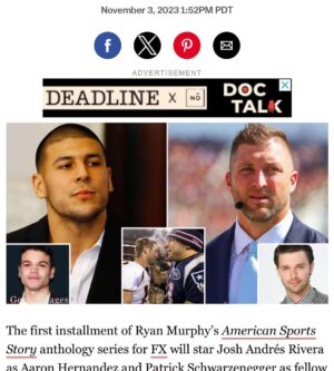 Patrick Schwarzenegger Instagram - Also… im playing Tim Tebow!! IM PUMPED

This story is so wild. Aaron Hernandez had a wild life and career. I’m a massive football fan and I only knew a sliver of the full story… it’s crazy! 

Honored to be part of this and to play such an awesome character. Can’t wait to bring this story to life. @joshandresrivera is a beast and is crushing It as Aaron. Can’t wait for you guys to watch It

Thank you @ryanmurphyproductions for believing in me and giving me this opportunity. Means a lot! 

John 3:16