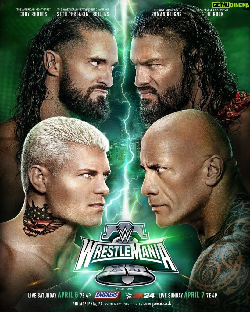 Paul Michael Lévesque Instagram - The biggest tag team match ever… at the biggest #WrestleMania ever. @therock & @romanreigns vs. @americannightmarecody & @wwerollins is happening LIVE in Philly at WrestleMania XL.