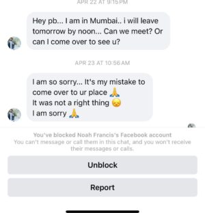 Pia Bajpiee Instagram - THE FACEBOOK DIARY  @noah.francis.75 ..dude I don’t like ppl ending up at my door just like that and following me like this. I warned you so many times.
APRIL2023