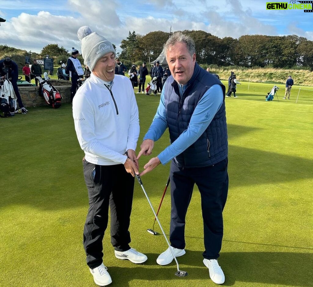 Piers Morgan Instagram - What a fantastic week - again - at the wonderful @dunhilllinks pro-am golf tournament. New friendships made, old ones rekindled, sumptuous hospitality, and the best/worst of Scottish weather to test us out on three of the world’s greatest courses. I loved every second. My heartfelt thanks to Johann Rupert @cutmaker and his wife Gaynor for being the finest of hosts. To my pro @rossfisherpga who couldn’t have been more friendly & supportive even as I shanked it into gorse bushes. To all the Dunhill team and the staff at @carnoustiegolflinks @kingsbarnsgolflinks @thehomeofgolf for their amazing hard work and cheery good humour. To everyone at the Rusacks @marineandlawn which is such a great hotel. And especially to all the spectators who came out to support us, even in diabolical conditions. Just a brilliant week!