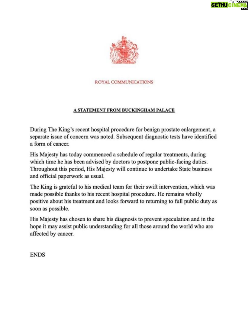 Piers Morgan Instagram - BREAKING: King Charles has cancer, Buckingham Palace has announced. He is undergoing treatment and has cancelled all public engagements. Shocking news. I wish His Majesty a full and speedy recovery. 🙏