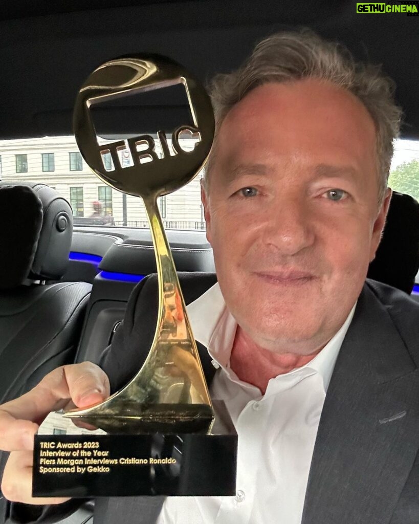 Piers Morgan Instagram - Delighted to win Interview of the Year at @tricawardsuk for my @cristiano scoop. Thanks to my brilliant team at @piersmorganuncensored and thanks again Cristiano - I may need to borrow one of your trophy cabinets at this rate! Grosvenor House Hotel, Park Lane