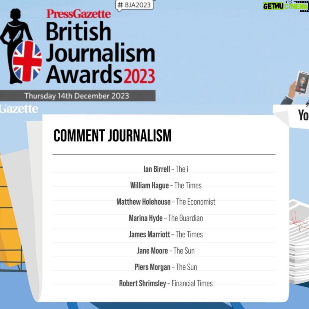 Piers Morgan Instagram - Very chuffed to be shortlisted in this year’s British Journalism Awards in the Comment category for my columns in @thesun . #BJA2023