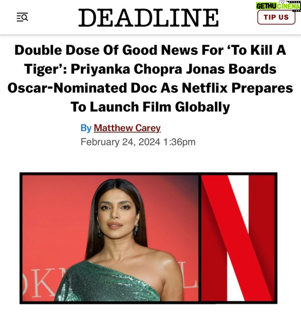 Priyanka Chopra Instagram - I’m so proud to join the incredible team of the Academy Award nominated documentary @tokillatigerdoc , and to announce that @netflix has acquired the global distribution rights to this powerful feature directed by @nishappics . When I first watched this film in 2022, I was immediately captivated by its poignant narrative, depicting a father’s valiant struggle within the judicial system to secure justice for his daughter. This project serves as a testament to the boundless love and unyielding determination of a devoted father for his cherished daughter. This hard hitting piece of art also really hits home on so many levels, but personally, I was born in the state of Jharkhand (where the survivor and her father are from), and as the daughter of a father that was my forever champion…I was moved to pieces. I cannot wait for audiences around the world to discover this moving story.