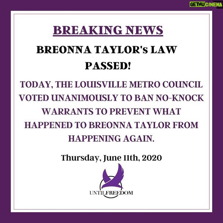 Queen Latifah Instagram - 🖤🖤🖤 #Repost from @untilfreedom • YOU DID THAT. Louisville Metro Council just voted UNANIMOUSLY to ban No-Knock Warrants so what happened to #BreonnaTaylor never happens again. Breonna’s murder will not be in vain. Her name will be etched in history as someone who inspired and brought systemic change to our communities. Meanwhile, we will continue to fight until Breonna and her family get full justice. Today, we celebrate, tomorrow we get back to work to get these cops fired, arrested, charged and convicted. ✊🏾