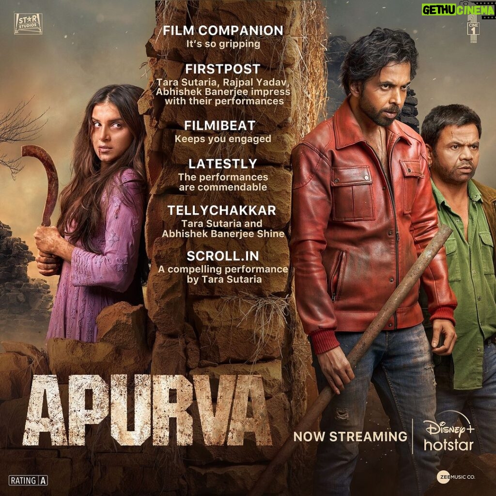Rajpal Naurang Yadav Instagram - The reviews are in 📩 and they speak for themselves 👀🔥 Watch the thrilling story of #Apurva now streaming. #Apurva #ApurvaOnHotstar @TaraSutaria @nix_bhat @nowitsabhi @dhairyakarwa @rajpalofficial @StarStudios @muradkhetani #BikramDuggal @cine1studios @aksnash @thinkering @sumitgulati90 @aadityagupt.a @zeemusiccompany