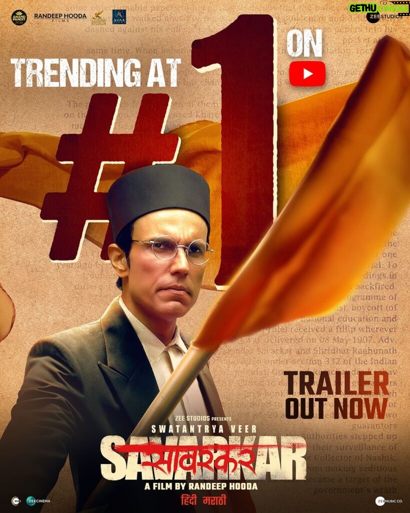 Randeep Hooda Instagram - Trailer ko mil raha hai Akhand Bharat ka Akhand pyaar aur sanmaan! The trailer of #SwatantryaVeerSavarkar is trending at #1 on YouTube. (Link in bio) In cinemas 22nd March. #VeerSavarkarOn22March #WhoKilledHisStory @zeestudiosofficial @randeephooda @anandpandit @officialsandipssingh @yogirahar31 @anandpanditmotionpictures @officiallegendstudios @randeephooda_films @avakfilms @amit.sial @iampallesingh @crimrinal @rajeshkhera1 @alwaystheantagonist @tirrtha @anjalihoodamd @mathiasduplessy @sandeshshandilya @sambata__00 #JayPatel @alwaystheantagonist @utkarshnaithani @i.samkhan @roopa_pandit @zeecinema @anuragbedii @zeemusiccompany @anwarali.khan.568 @jelly_bean_ent @panchalic @renukapillai_official @sonukuntalofficial @whiteapplellp @krishna.arvind @kameshkarna @varunmishra @savarkarthefilm @roopesh6699 #RandeepHooda #VeerSavarkar #Savarkar
