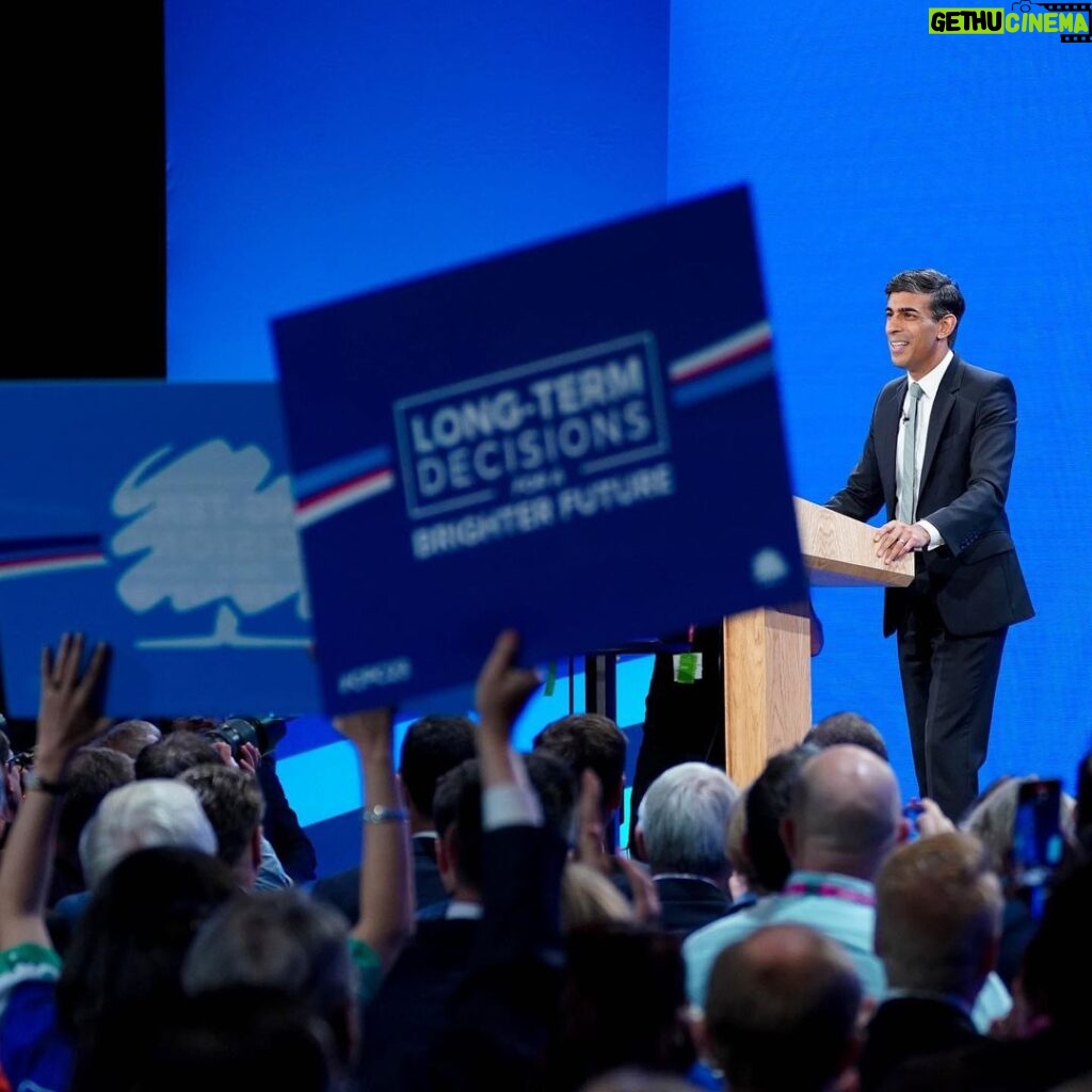 Rishi Sunak Instagram - Thank you to the @conservatives members and staff, colleagues and friends, for an incredible Conservative Party Conference. Here in Manchester we changed the future of our country with long-term decisions for a brighter future: giving Britain the transport it needs, setting out a plan to cut cancer deaths, and creating the Western world’s best education system. Our political system has for too long been focused on the short term. That changed today. Manchester, United Kingdom