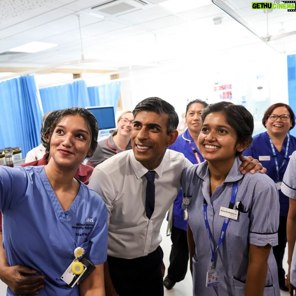 Rishi Sunak Instagram - Seeing the importance of the NHS and health care to people’s lives was a huge part of my upbringing. Both my parents worked in the NHS. Its long-term success matters to me and it’s why I spend so much time focused on cutting waiting lists. Meeting staff, patients and parents today at @mkhospital_ reminded me of our duty to get the job done. That’s why we’re backing them with an additional £250 million for 900 more hospital beds, expanding wards and delivering more Urgent Treatment Centres - to get patients the care they need quicker, prepare for winter and cut waiting lists. Milton Keynes University Hospital