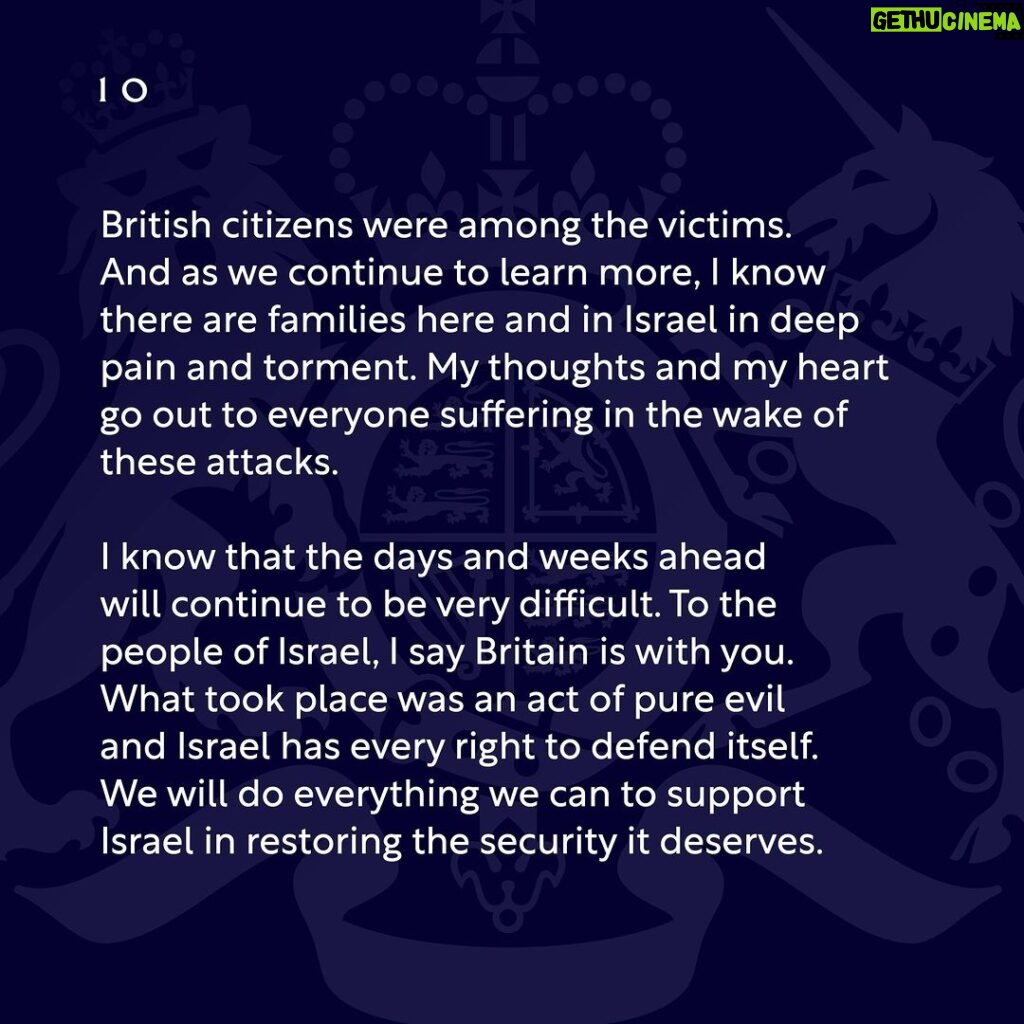 Rishi Sunak Instagram - I stand with you, the British Jewish community, and I will do everything I possibly can to protect you. To those trying to stir up tensions online and on our streets with intimidating behaviour and shameful antisemitism, I say this: Not here. Not in Britain. Not in our country.