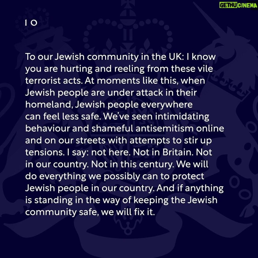 Rishi Sunak Instagram - I stand with you, the British Jewish community, and I will do everything I possibly can to protect you. To those trying to stir up tensions online and on our streets with intimidating behaviour and shameful antisemitism, I say this: Not here. Not in Britain. Not in our country.