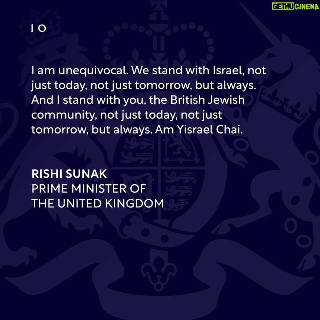 Rishi Sunak Instagram - I stand with you, the British Jewish community, and I will do everything I possibly can to protect you. To those trying to stir up tensions online and on our streets with intimidating behaviour and shameful antisemitism, I say this: Not here. Not in Britain. Not in our country.