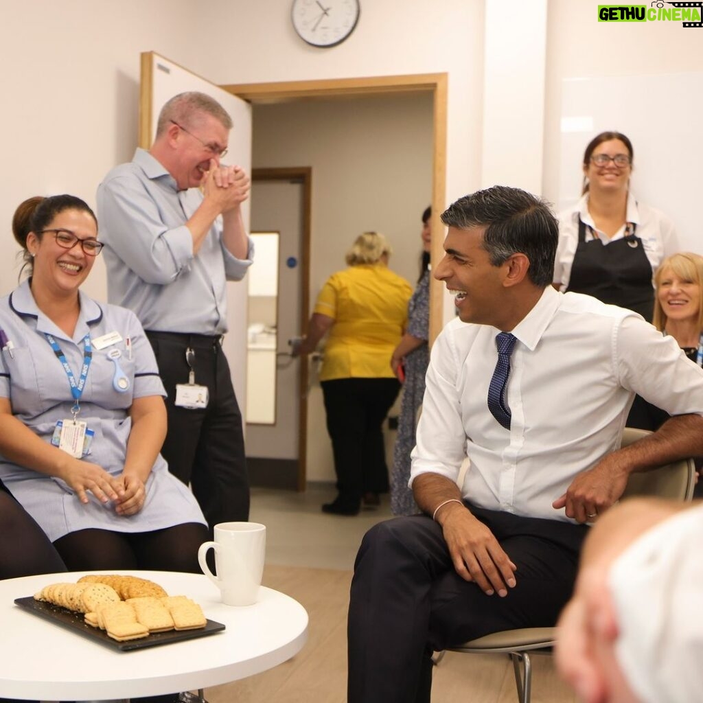 Rishi Sunak Instagram - Seeing the importance of the NHS and health care to people’s lives was a huge part of my upbringing. Both my parents worked in the NHS. Its long-term success matters to me and it’s why I spend so much time focused on cutting waiting lists. Meeting staff, patients and parents today at @mkhospital_ reminded me of our duty to get the job done. That’s why we’re backing them with an additional £250 million for 900 more hospital beds, expanding wards and delivering more Urgent Treatment Centres - to get patients the care they need quicker, prepare for winter and cut waiting lists. Milton Keynes University Hospital