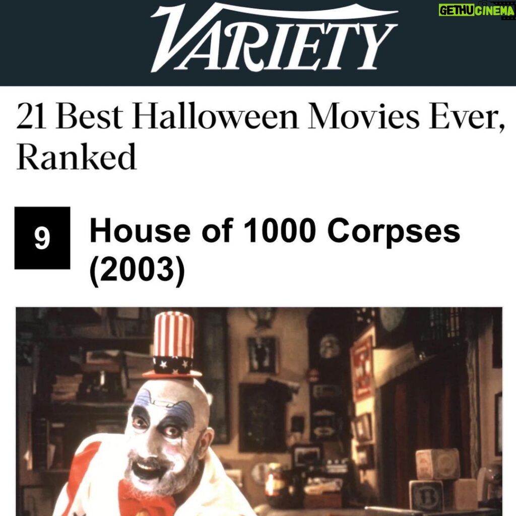 Rob Zombie Instagram - This is a nice surprise today. 🔥 Don’t forget to get your tickets to see it back on the big screen for two days OCTOBER 8th and OCTOBER 11th. 🎃 link in bio☠️ #variety #houseof1000corpses