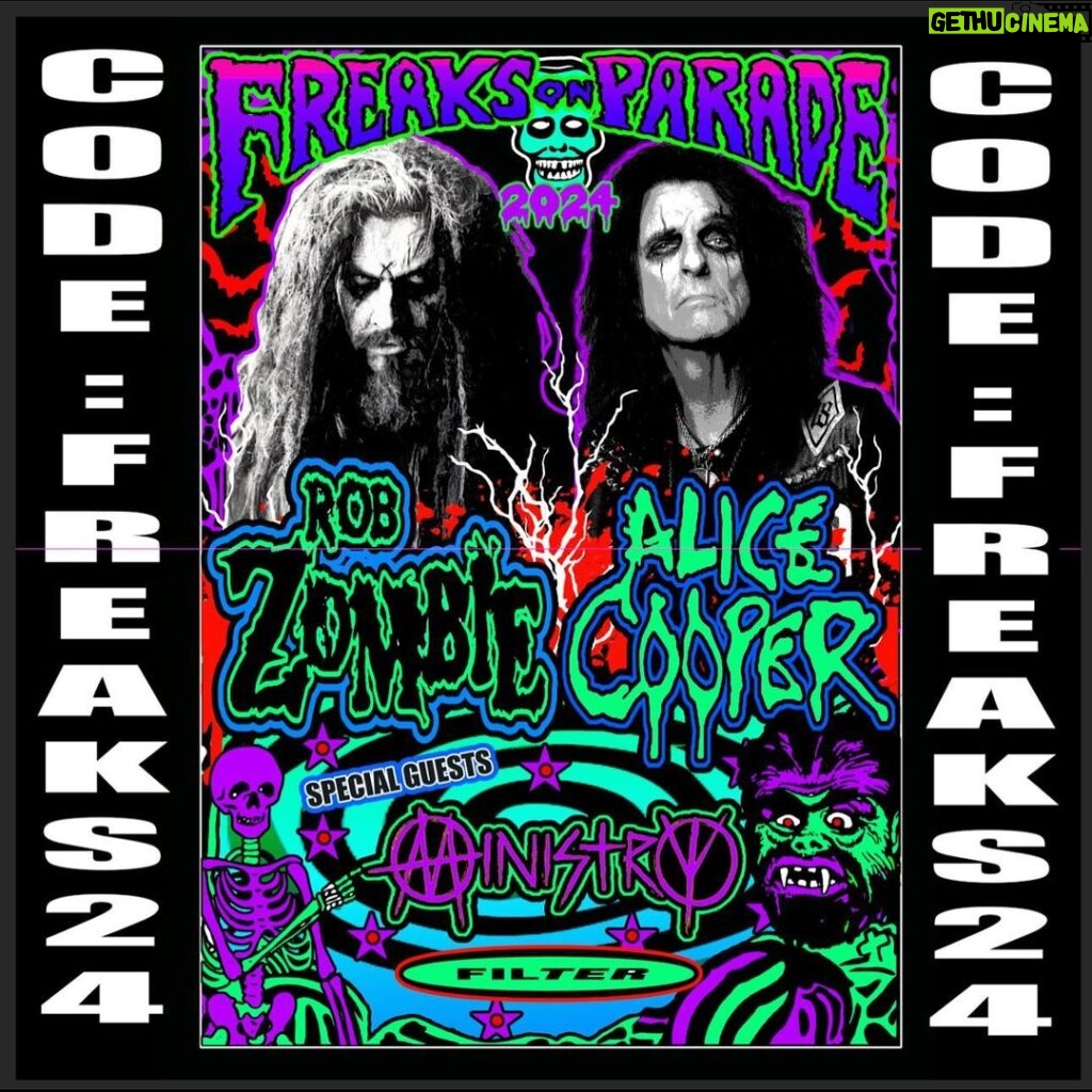 Rob Zombie Instagram - FREAKS ON PARADE artist presale starts today at noon! Go to the ticket link for your city and use the code: FREAKS24 ☠️ Link in bio. #freaksonparadetour