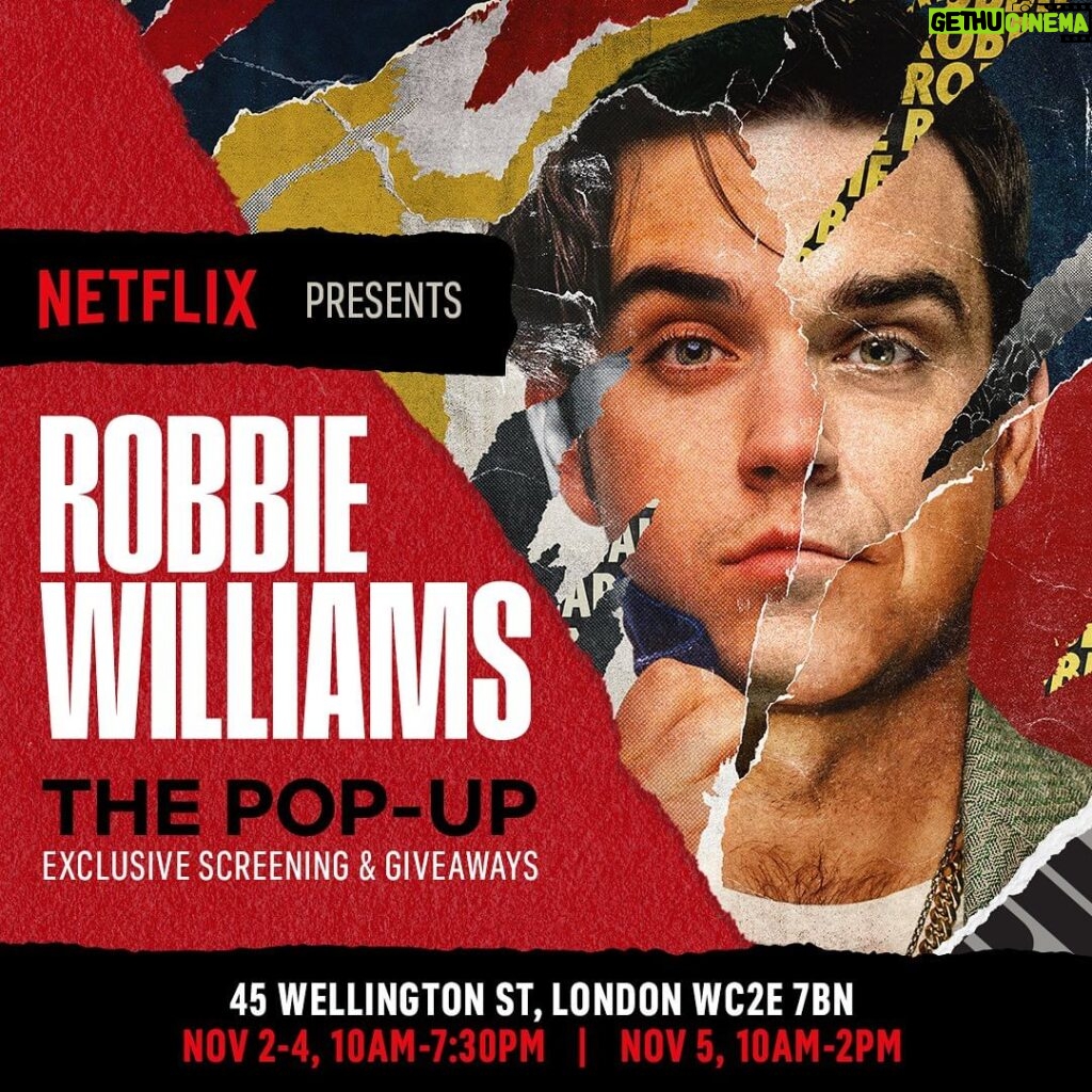Robbie Williams Instagram - @netflixuk presents ROBBIE WILLIAMS - THE POP-UP Catch an exclusive screening of Episode #1 in London from Nov 2nd to 5th . More details - link in bio.