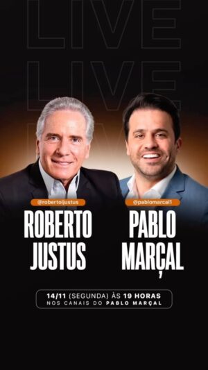 Roberto Justus Instagram - Live com Roberto Justus.

Segunda, dia 14/11, às 19H, teremos nossa LIVE nos CANAIS MARÇAL.

Vamos falar da nossa parceria e você não pode ficar de fora.

Compartilhe com 5 amigos! 🚀