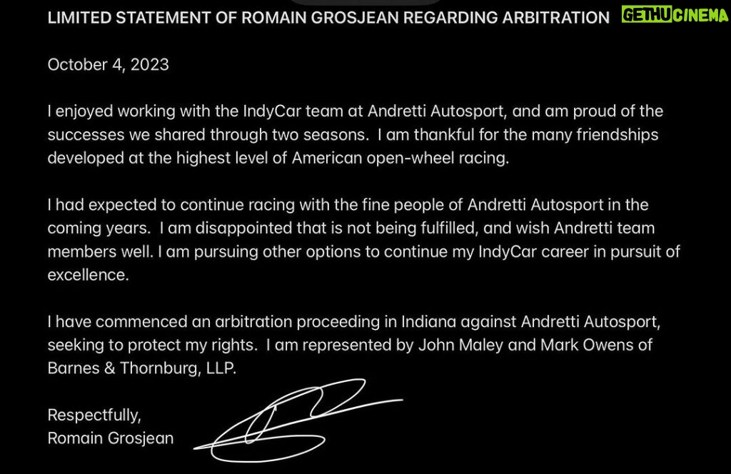 Romain Grosjean Instagram - LIMITED STATEMENT OF ROMAIN GROSJEAN REGARDING ARBITRATION