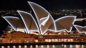 Russell Crowe Instagram - A terrible reason for it, but a gesture of solidarity and shared purpose. 
My birthplace & my home grieving together.
My thoughts go out also to the people of Grafton. A picturesque and proud town, unduly stained .

The silver fern of NZ projected on the Sydney Opera House.