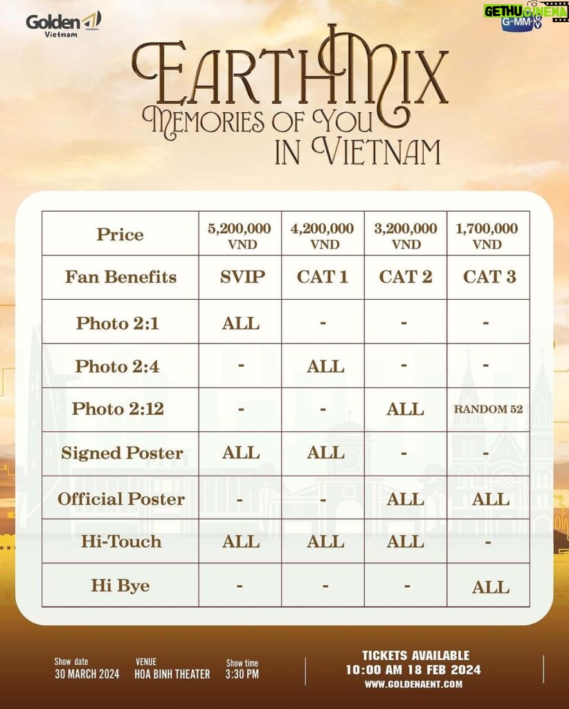 Sahaphap Wongratch Instagram - Begin with ‘Wonderful Day’, continue with ‘Fly to the Moon’ in order to create ”Memories of You“. As promise, let‘s gather again to meet Earth and Mix in Vietnam 📣 EARTH MIX: MEMORIES OF YOU IN VIETNAM 🗓 30 March 2024 📍 Hoa Binh Theater 🎫 Ticket Available: 10 AM, 18 February 2024 🌏Website: www.goldenaent.com 🪐The fan benefits are also out now! Check it out! Cheer up and get ready to grab a ticket for yourself. #EMMemoriesofYouinVN #EarthMix #GMMTV #GoldenAVietnam
