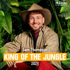 Sam Thompson Instagram - Infectious energy, non-stop entertainment and unlimited hugs! 🤩 TV star Sam bounces home as your 2023 King of the Jungle! 👑 #ImACeleb