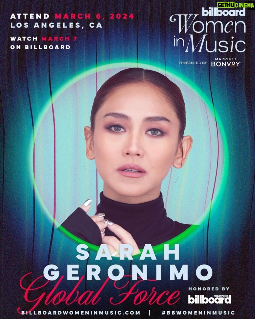 Sarah Geronimo Instagram - @justsarahgph will be honored by @billboardphofficial with the GLOBAL FORCE award at #BBWomenInMusic. 🇵🇭🌏 Get tickets to be there on March 6 at the link in bio. Can’t attend? Watch on March 7: BillboardWomenInMusic.com
