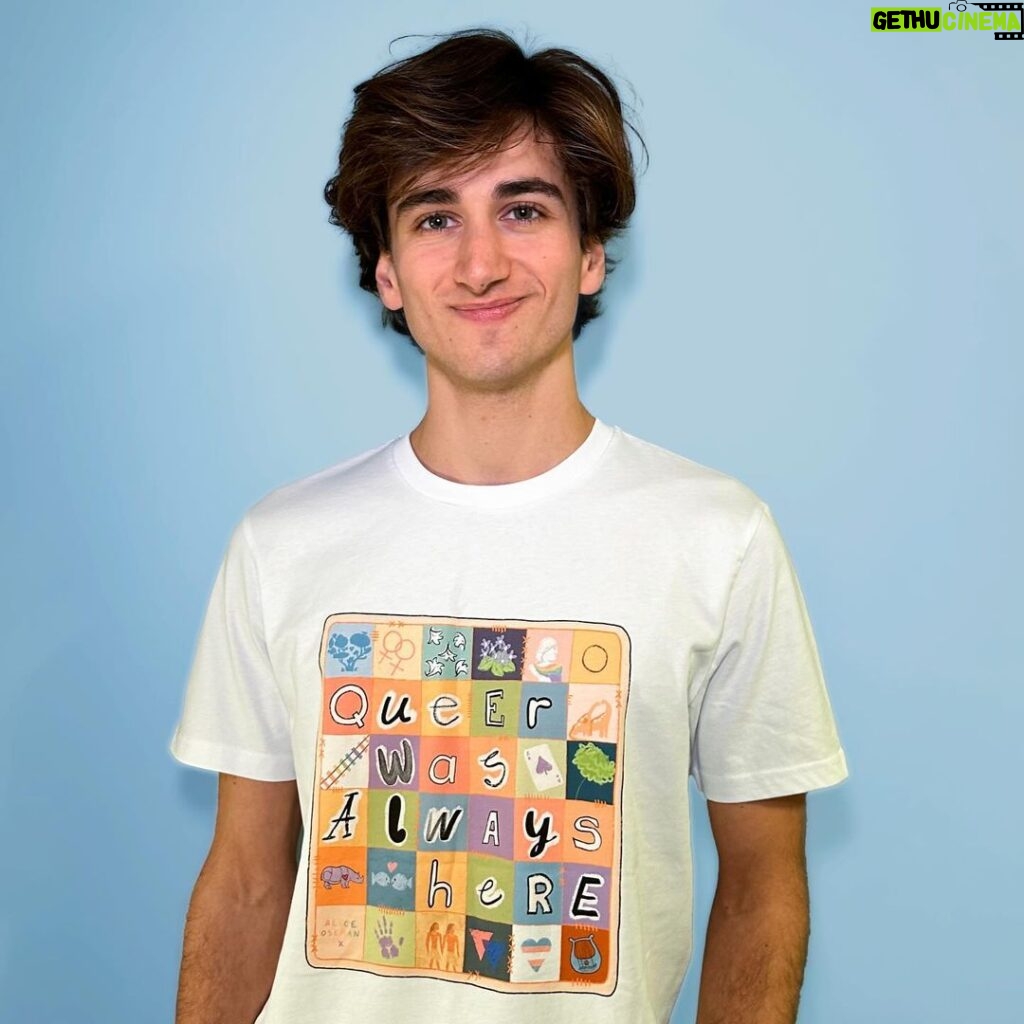Sebastian Croft Instagram - Alice Oseman (aka creator of heartstopper + all round icon) has designed this limited edition t-shirt for @queerwasalwayshere and you can buy it right now! Alice’s art style exudes queer joy and we are SO excited that she has done this for us. The design is a sort of pride quilt, with each square containing a little bit of queer pride and history. As always 100% of the profits will go to helping queer refugees around the world with the help of our friends at @chooselove So if you want an adorable, high quality, super comfy t-shirt that all raises money for an incredible cause… it’s only available until the 21st of December. LINK IN BIO ✨🏳‍🌈🥳🏳‍⚧💓💫🍂💞🥰