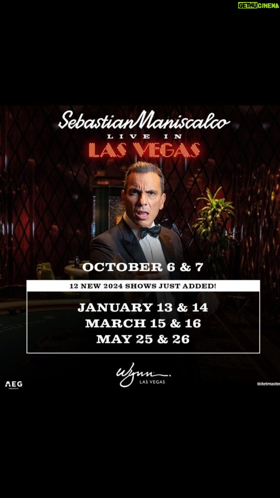 Sebastian Maniscalco Instagram - VEGAS! I’ll be coming back for Live in Las Vegas in 2024 with 12 shows at Encore Theater at The Wynn. Find tickets at SebastianLive.com January 13 (7:30pm & 10:30pm) January 14 (7:30pm & 10:30pm) March 15 (7:30pm & 10:30pm) March 16 (7:30pm & 10:30pm) May 25 (7:30pm & 10:30pm) May 26 (7:30pm & 10:30pm) Tickets on sale now!