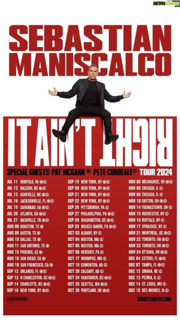 Sebastian Maniscalco Instagram - YOU’VE BEEN ASKING FOR IT! @mcgann_pat and @petecorreale are joining me on the It Ain’t Right Tour! Don’t miss out. Tour starts July 11th and runs through December 15th.    Tickets are available now at SebastianLive.com. Check out the tour dates to see when myself, Pete, and Pat will be in your town.   #ItAintRight