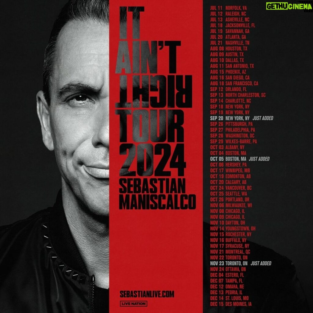 Sebastian Maniscalco Instagram - Coming back with more IT AIN’T RIGHT! Due to popular demand, I’ll be adding shows in New York, Boston, and Toronto! Presales begin Tuesday 12/12 at 12PM ET with code: RIGHT Tickets go on sale Thursday 12/14 at 10AM ET SEP 20 - New York, NY OCT 05 - Boston, MA NOV 23 - Toronto, ON SebastianLive.com #ItAintRight