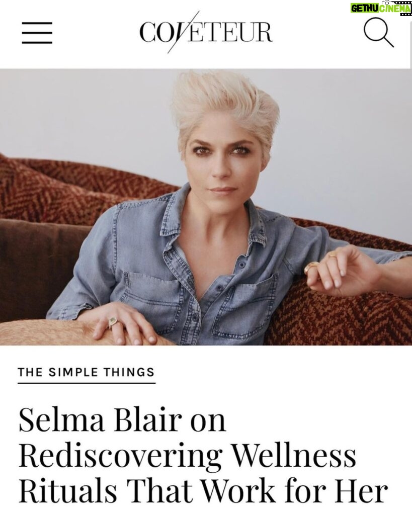 Selma Blair Instagram - Thank you @coveteur for highlighting my wellness journey 🤍 link in Stories Image 1: Selma has short blonde hair and is wearing a shiny black and bronze striped jacket. She has her hands lifted over head and face angled towards the camera, looking down. Her eye shadow is bronze and black. Image 2: Selma has short blonde hair and looks into a mirror as she holds a makeup tool for eyebrows from Guide Beauty Cosmetics. She wears a large emerald ring. Image 3: A headline from the Coveteur reads, “Selma Blair on Rediscovering Wellness Rituals That Work For Her.” Selma is quoted “now that I have cleared up some lost energy, I have the patience to witness my own imbalances.” Selma is shown sitting on a couch looking direct to camera.